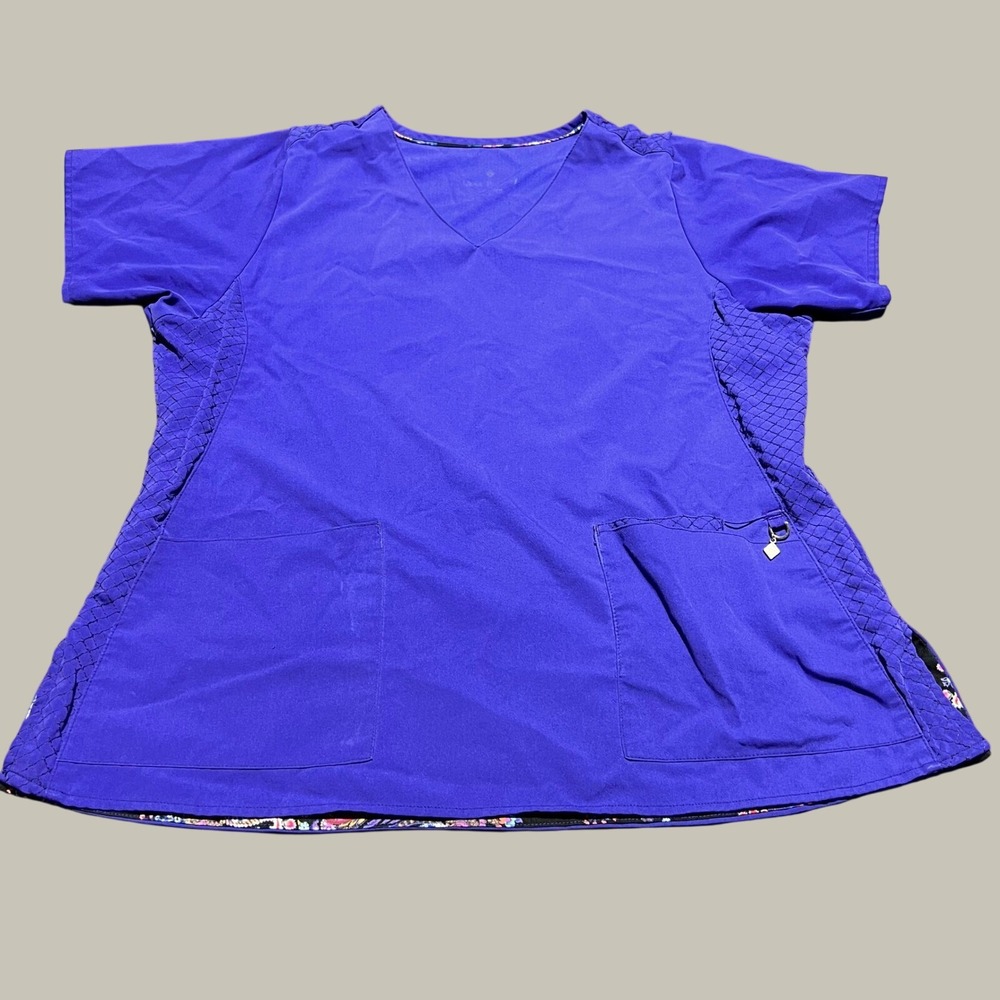 Vera Bradley Womens V-Neck Scrub Top Purple Quilted Side Panels V6109 Large